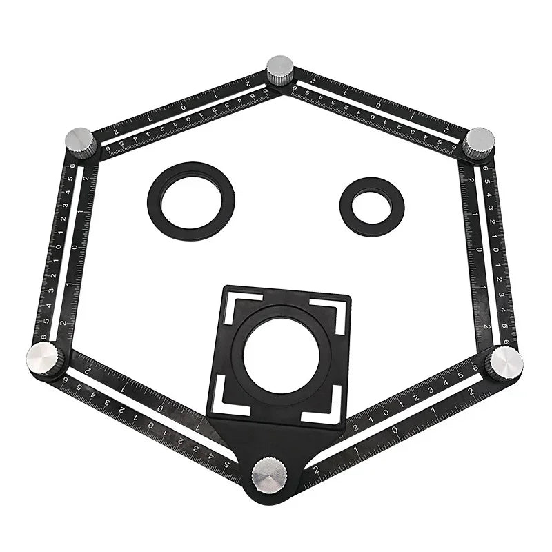 A black foldable aluminum angle ruler with locking segments shown in a hexagonal shape.