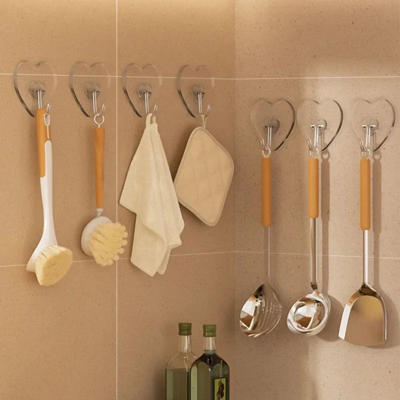 Heart-Shaped Self-Adhesive Hooks (Set of 6) – No-Drill, Multi-Purpose Transparent Hangers