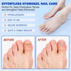 Before and after images showing the application of an effortless hydrogel nail care product on toenails.