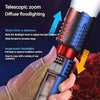 A hand holds a high-power LED flashlight with a telescopic zoom feature, demonstrating its floodlighting capability.