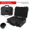 Black portable hard shell toolbox with a foam insert shown from the top and side.
