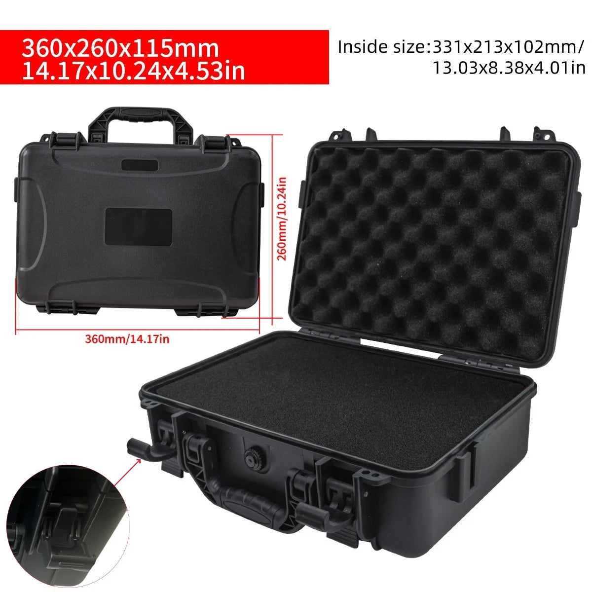 Black portable hard shell toolbox with a foam insert shown from the top and side.