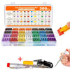 Kit variado de fusibles eléctricos de diferentes tamaños y colores, mostrado con una herramienta de prueba.
