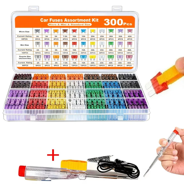 Un assortiment de fusibles électriques de différentes tailles et couleurs, présenté avec un outil de test.
