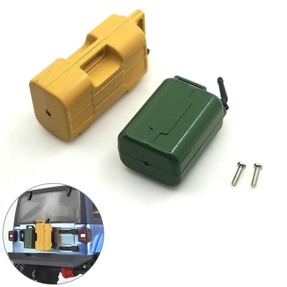Yellow and green 1/10 scale RC crawler decoration set including a shovel, fire extinguisher, and oil drum.