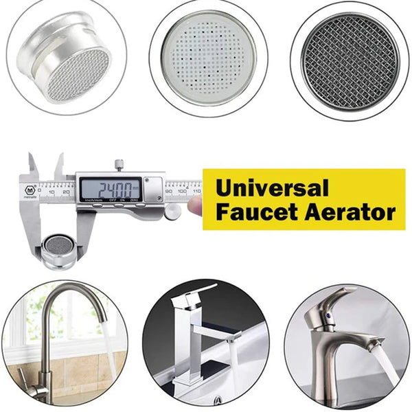 A set of brass faucet aerators and a universal faucet aerator tool for water-saving.