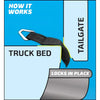 Diagram showing how the EZ Bed Anchor tailgate tie-down system works, including a strap and a truck bed component.