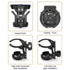 Black foldable handlebar cup holder for bikes and scooters shown in various installation styles.