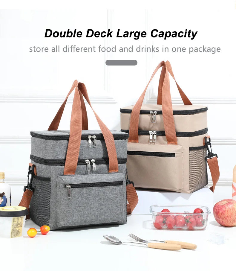 Insulated Double-Layer Lunch Tote with Shoulder Strap