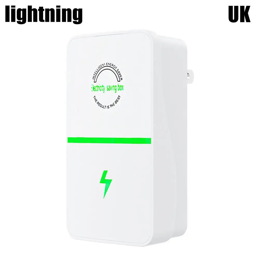 A white voltage stabilizer and energy saver plug device with a green indicator light.