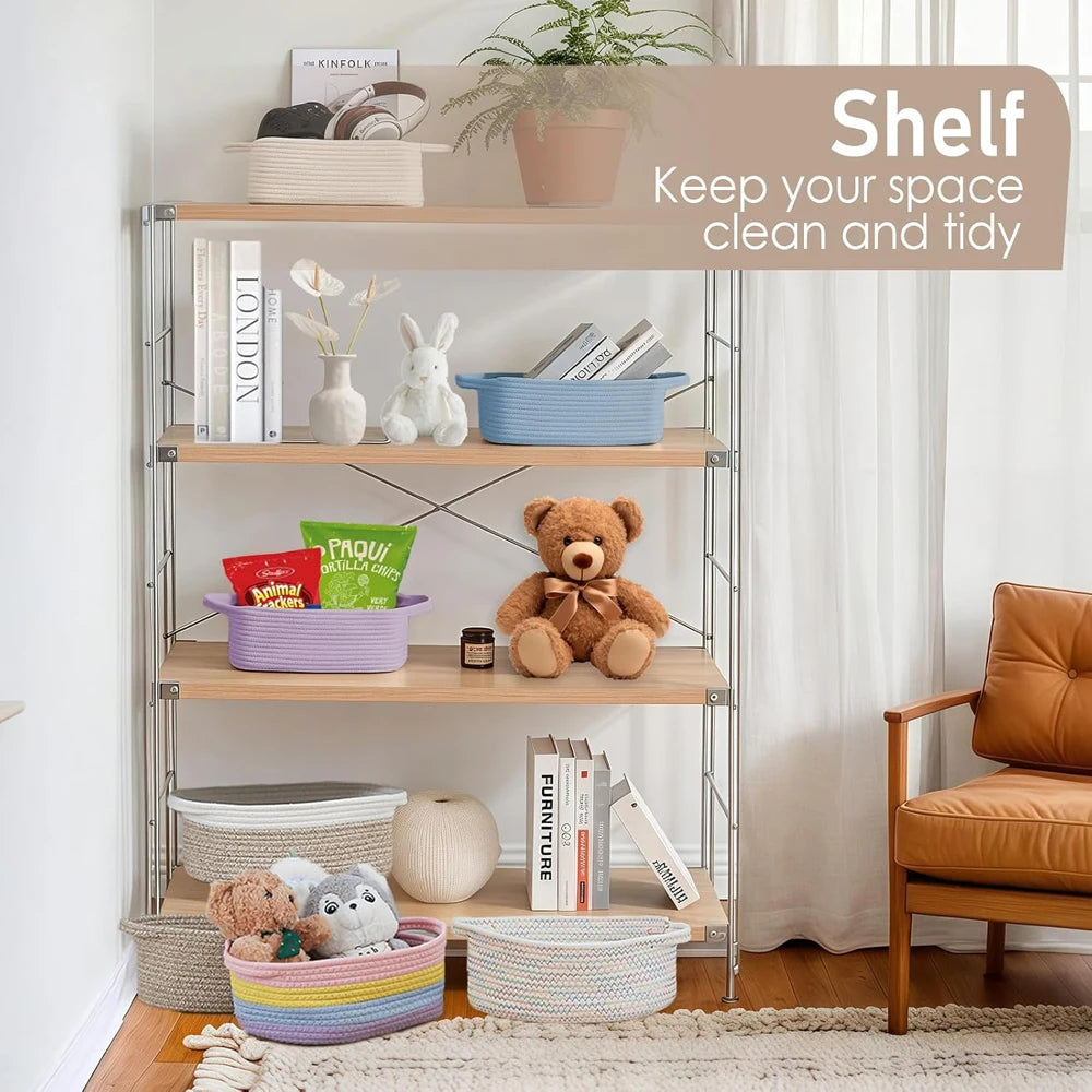 A metal shelf unit displaying various items stored in woven rope storage baskets and containers.