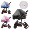 A portable universal mosquito net cover for a baby stroller or crib, shown in pink and gray fabric.