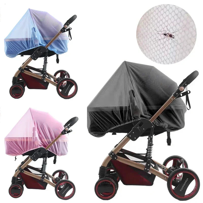 A portable universal mosquito net cover for a baby stroller or crib, shown in pink and gray fabric.