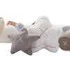 A soft gray star-shaped plush toy is shown next to a white fluffy bunny toy.