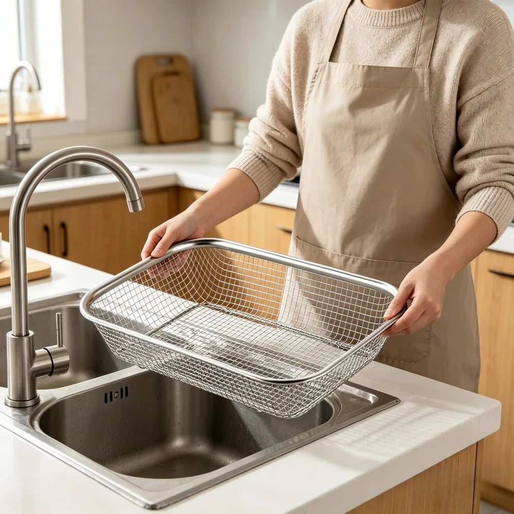 A person is using a stainless steel garden soil sieve for potting and plant care in a kitchen sink.