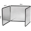 A foldable stainless steel splatter guard for the stovetop, shown open with dimensions marked.