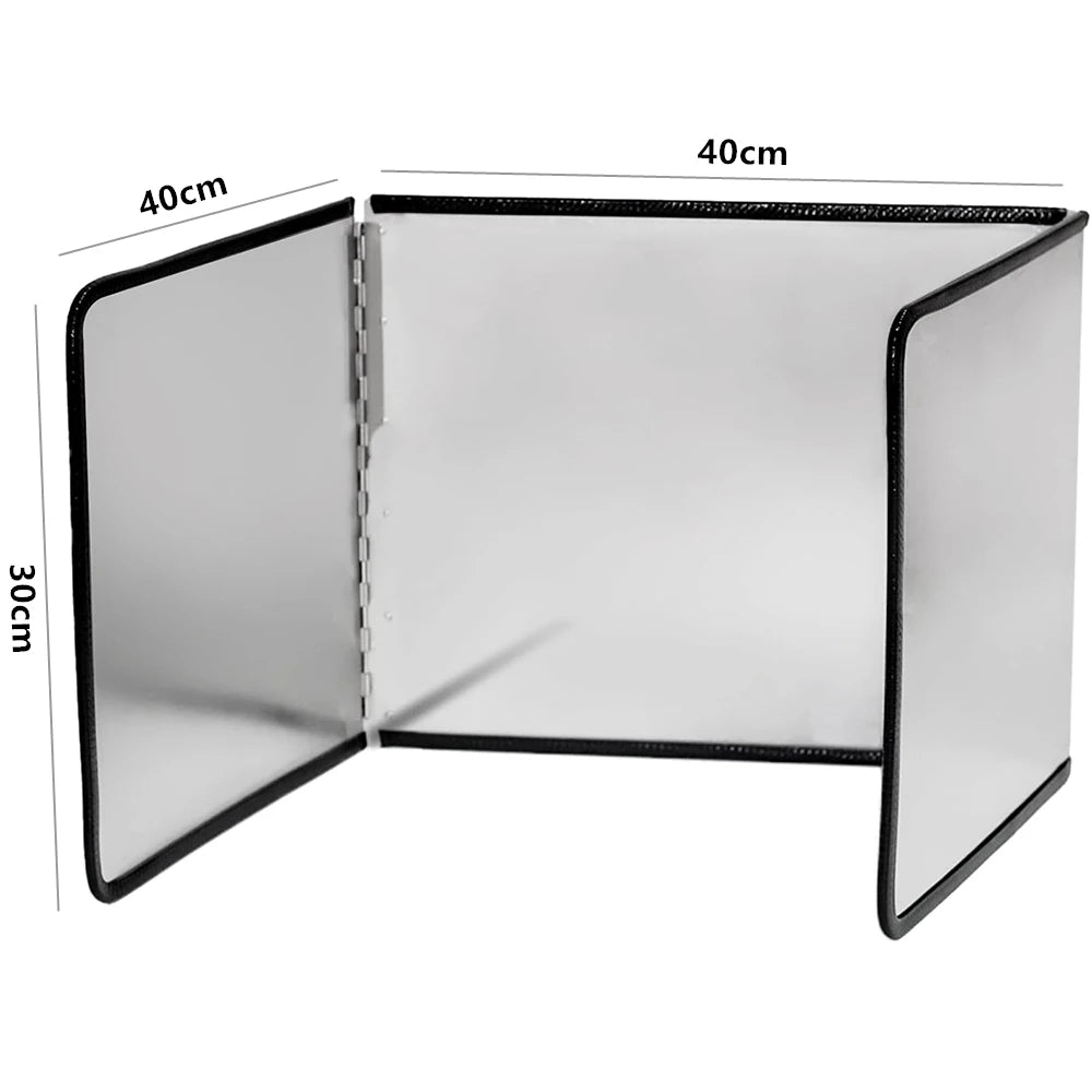 A foldable stainless steel splatter guard for the stovetop, shown open with dimensions marked.