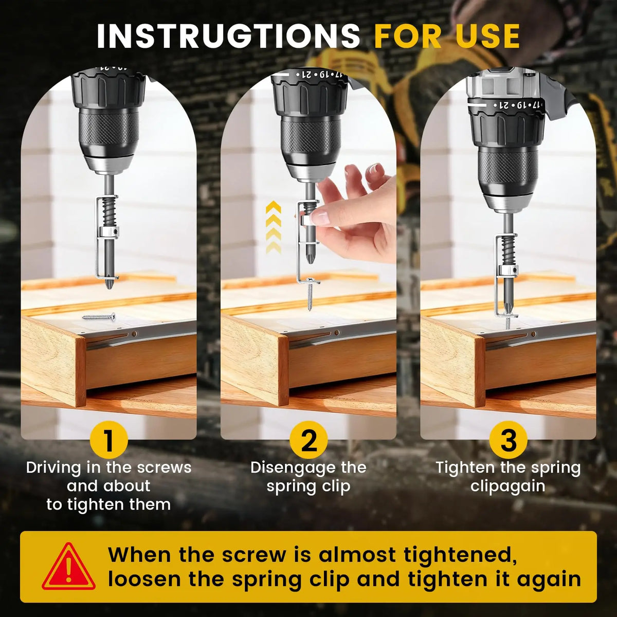 Instructions for using a spring-loaded magnetic screw holder bit showing steps to drive and tighten screws