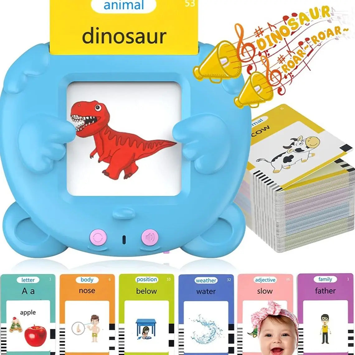 A blue interactive talking flashcard learning machine with various cards for letters, body parts, position, weather, adjectiv