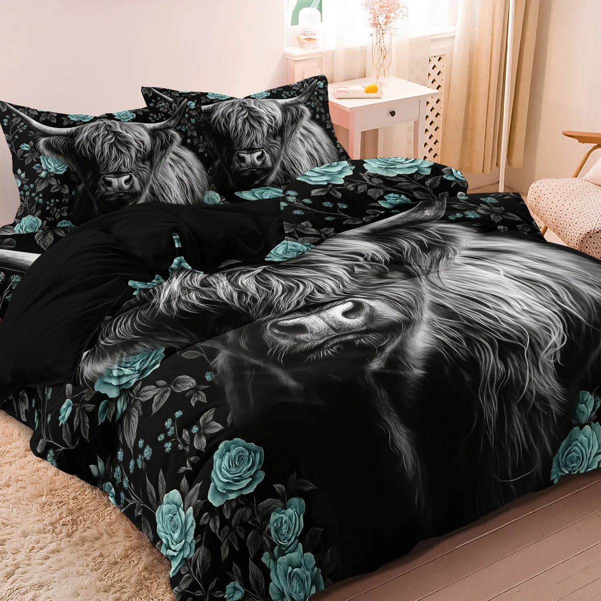 Black and teal floral print bedding set featuring a Highland cow design on a duvet cover and pillows.