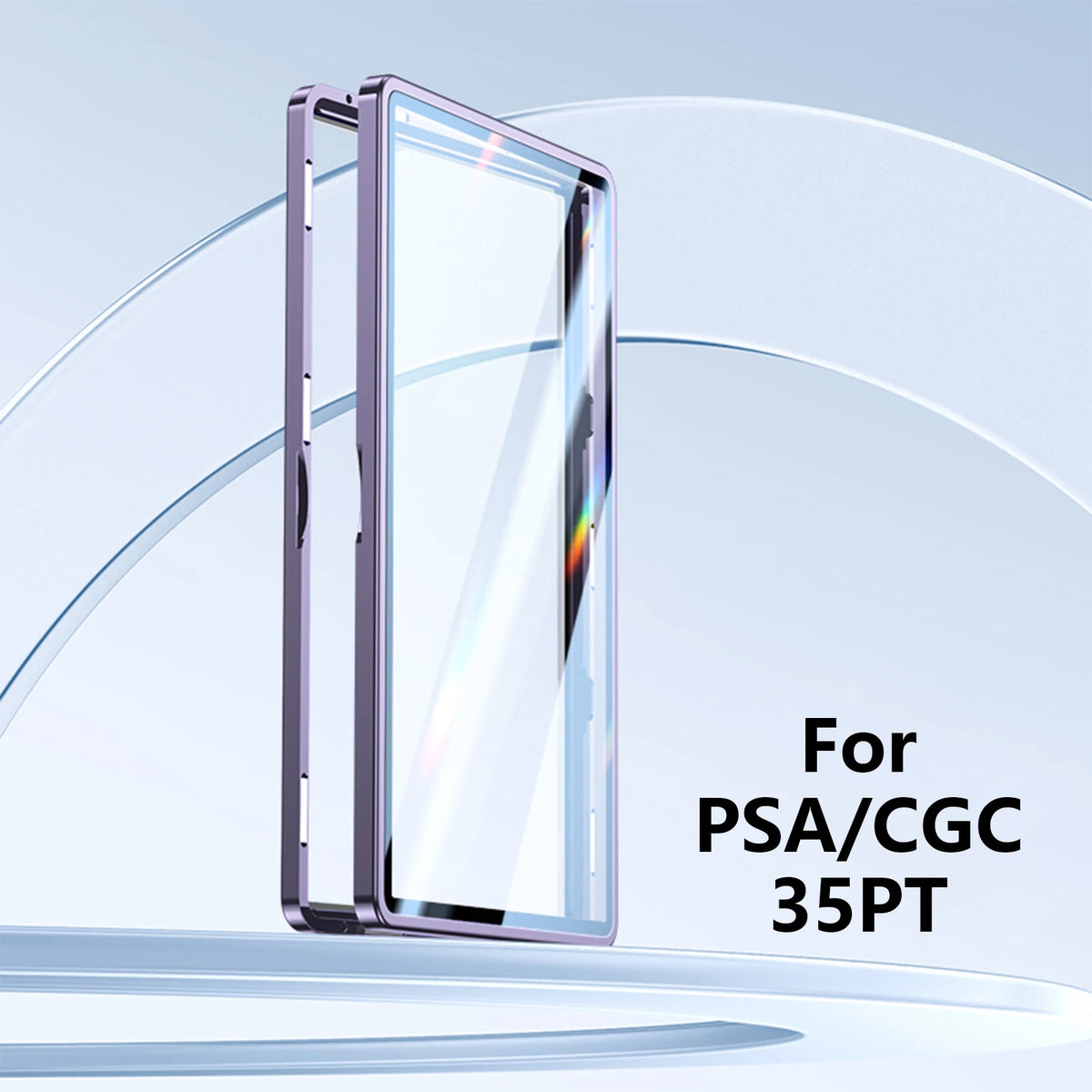 A clear protective display case for a trading card, shown in a sleek silver finish.
