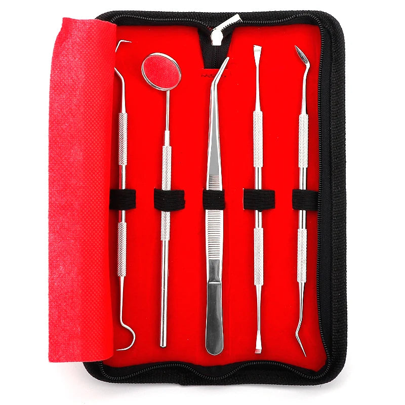 A black pouch containing a set of premium stainless steel dental care tools for oral hygiene.