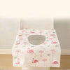 A pack of pink flamingo disposable toilet seat covers for travel and public restrooms.