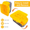 Yellow wall mount battery holder for Dewalt 20V DCB200 and DCB203 batteries with easy installation features