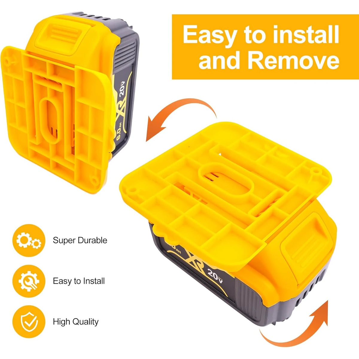 Yellow wall mount battery holder for Dewalt 20V DCB200 and DCB203 batteries with easy installation features
