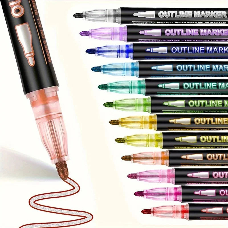 Double Line Outline Pens with Metallic Glitter (Set of 8)