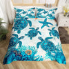 A duvet cover set featuring blue sea turtle designs on a white background.