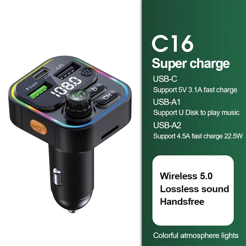Bluetooth FM Transmitter with 22.5W Fast Charging Car Adapter