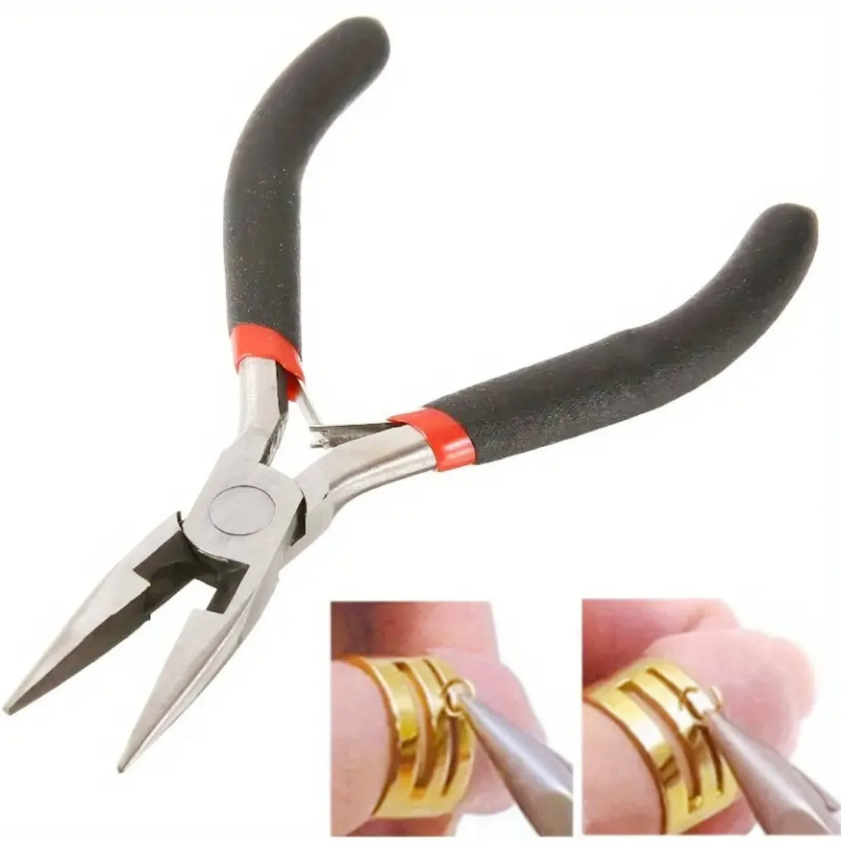 A set of jewelry making tools including pliers, tweezers, and a ring sizer.