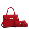 A red leather handbag with a gold clasp and a matching coin purse.