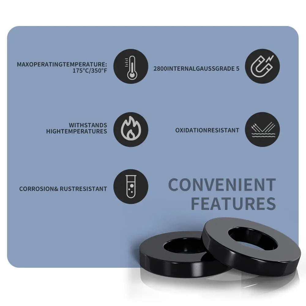 Black ceramic ring magnet with a center hole shown next to technical specifications.