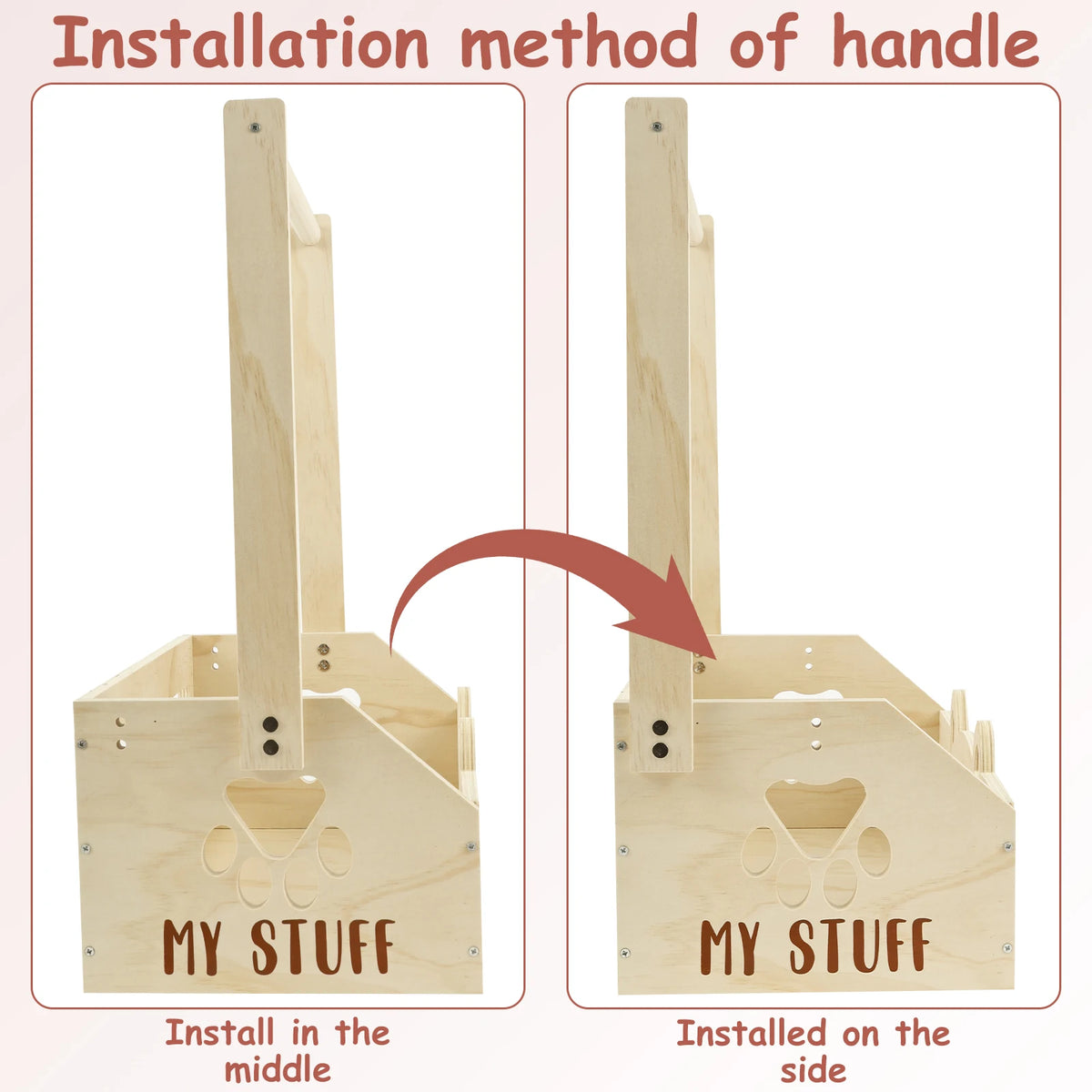 Installation methods showing how to install a handle on a wooden storage crate for baby essentials and toys in the middle or 