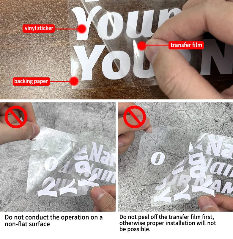 Hand applying a vinyl sticker transfer film onto backing paper for a custom name motorcycle helmet decal.