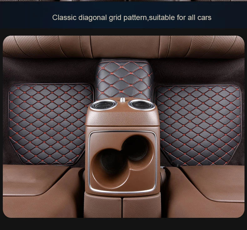 Interior view of a car seat showing classic diagonal grid pattern leather floor mats and audio speakers