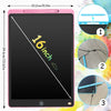 A pink LCD writing tablet displaying a diagonal line and showing three usage steps for the stylus pen.