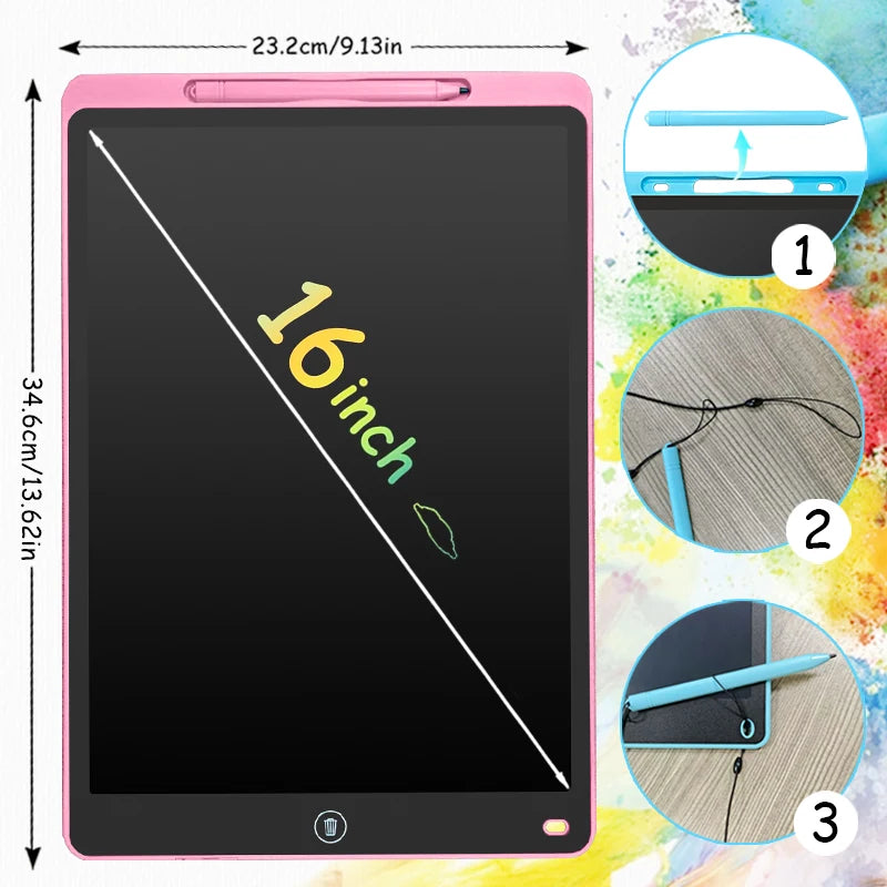 A pink LCD writing tablet displaying a diagonal line and showing three usage steps for the stylus pen.