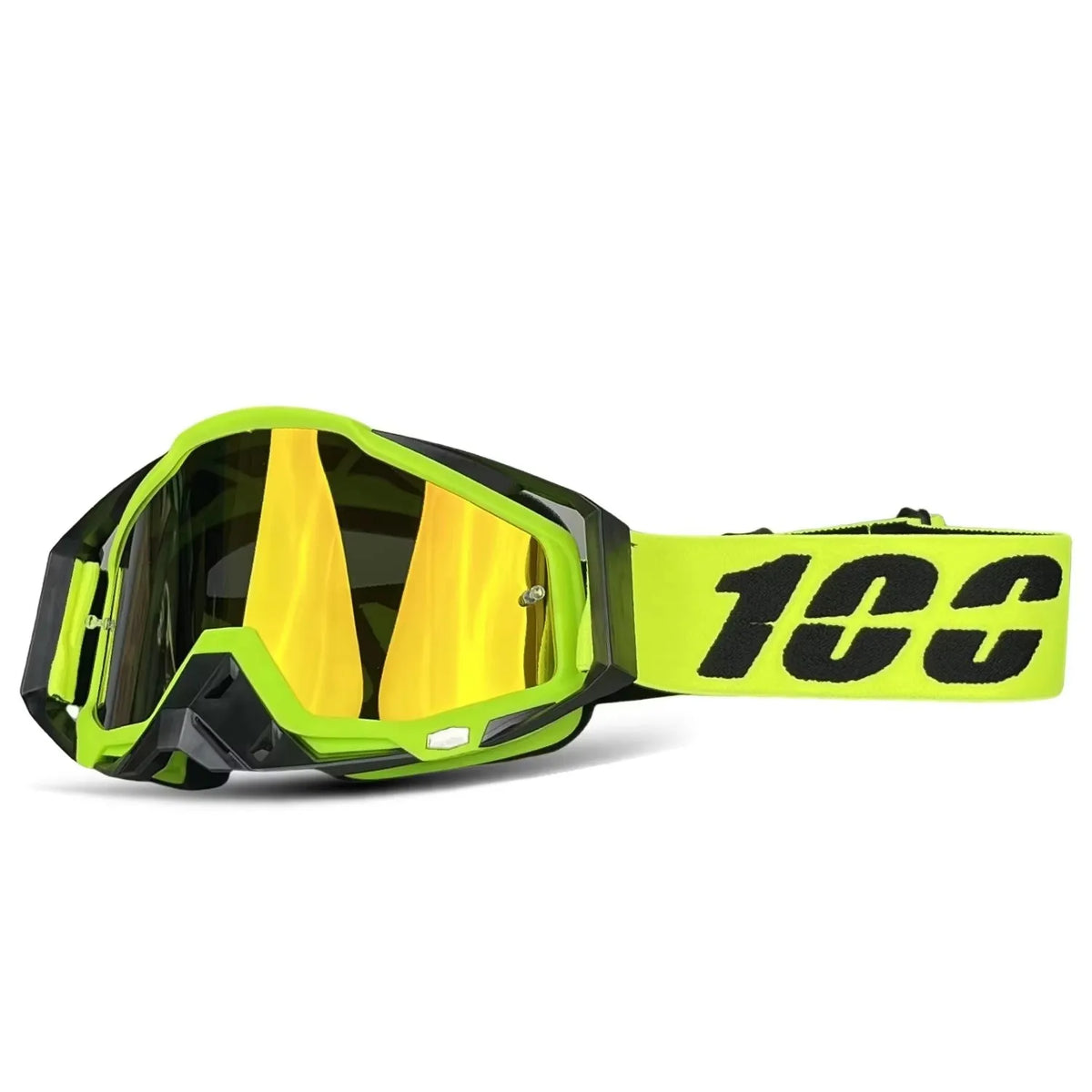 A pair of bright neon yellow and green off-road motorcycle goggles with a black strap.