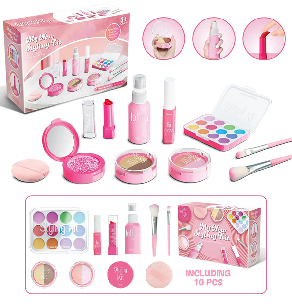 A makeup kit featuring various pink and purple cosmetic products including lipsticks, eyeshadows, and blush palettes.