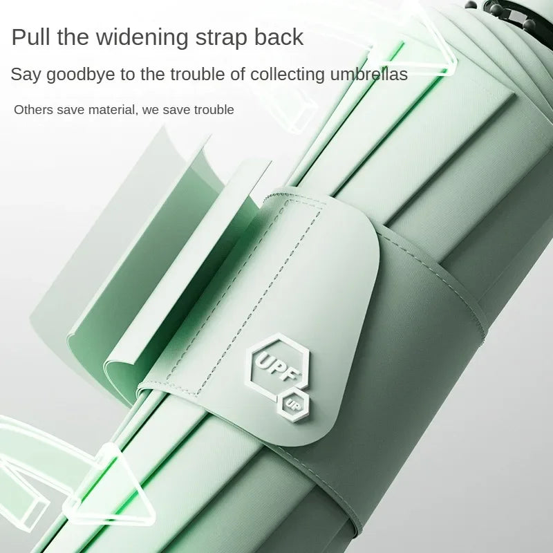 A close-up of a light green umbrella shaft showing the widening strap being pulled back, emphasizing its windproof and UPF pr