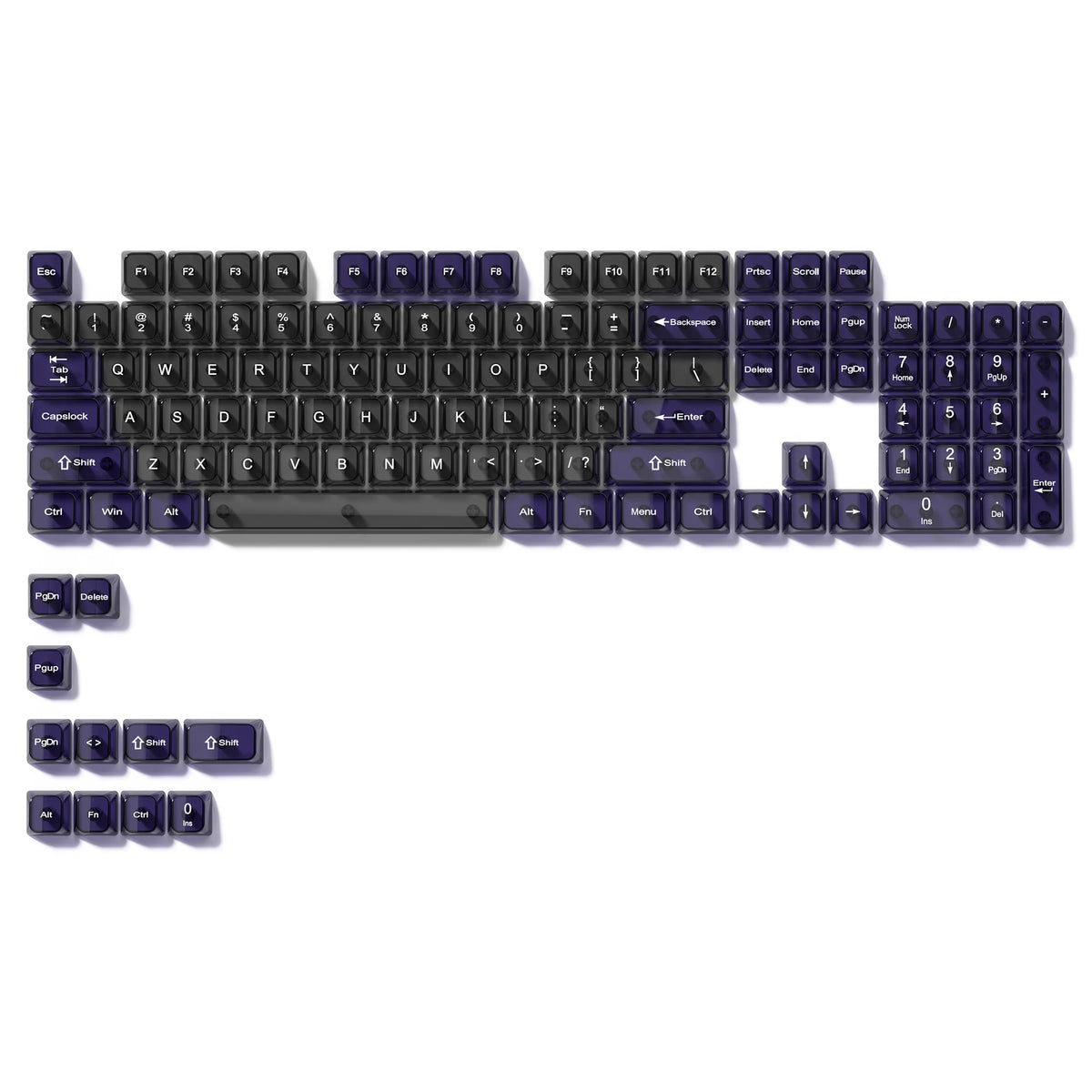 A full set of 115-key crystal clear RGB backlit keycaps with an MDA profile computer keyboard.