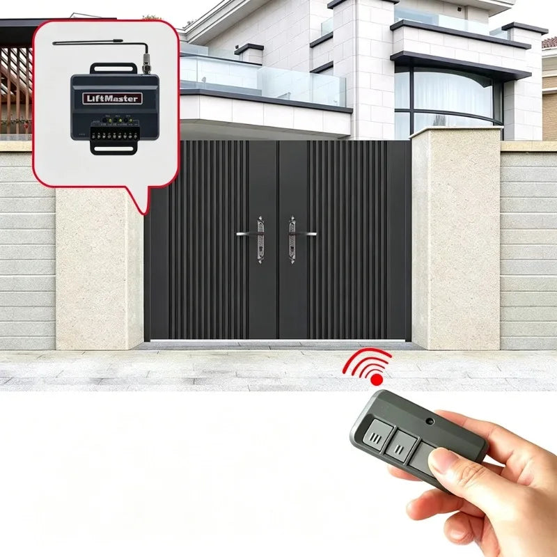 A hand holds a remote control for a universal garage door opener receiver with rolling code technology.