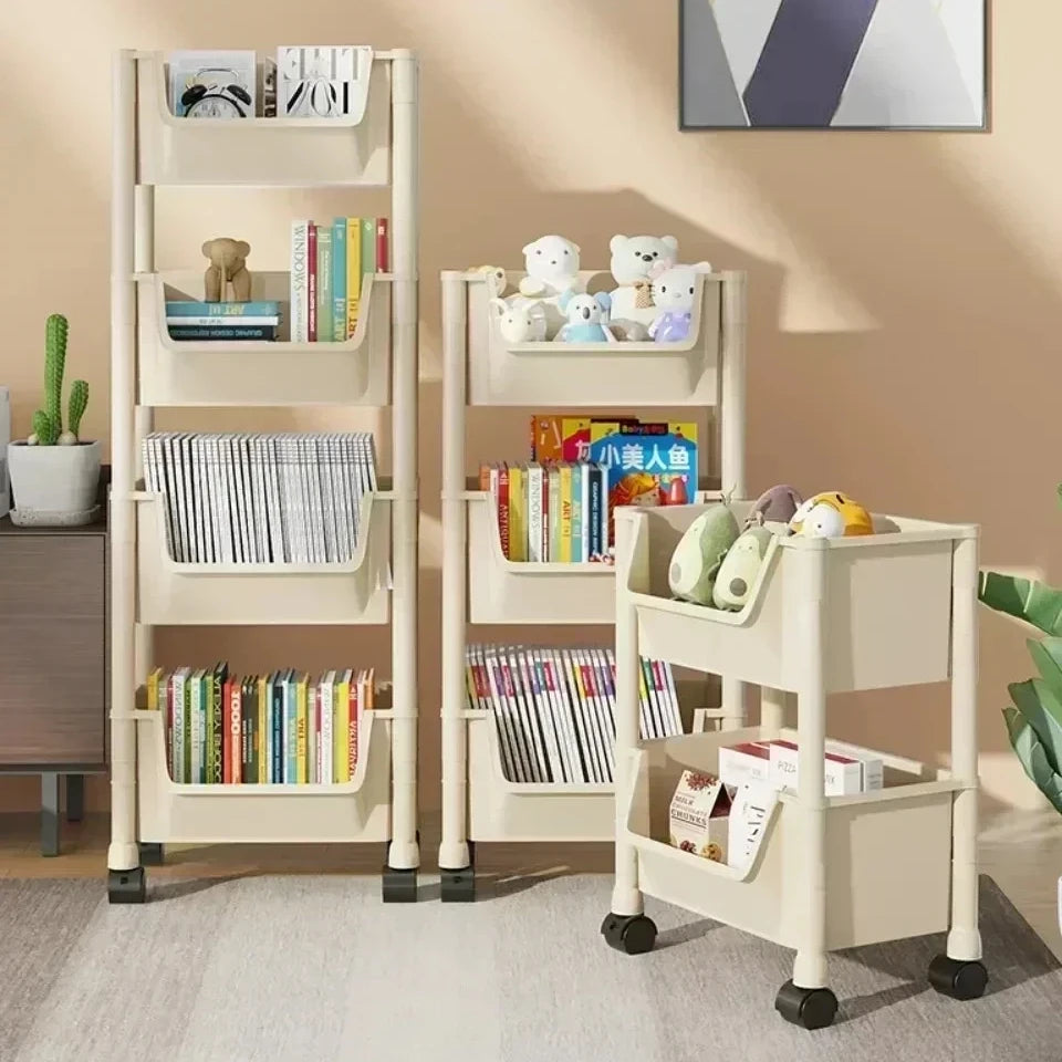 A white mobile multi-tier storage cart with wheels displaying books and stuffed animals.