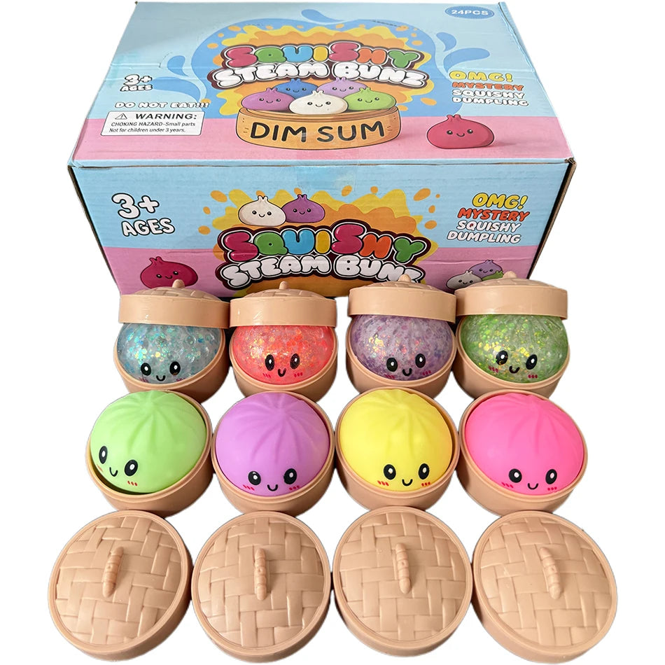 Eine Box alberner, weicher Dampfbrötchen mit bunten und glitzernden Knödeln und Silikonformen.
