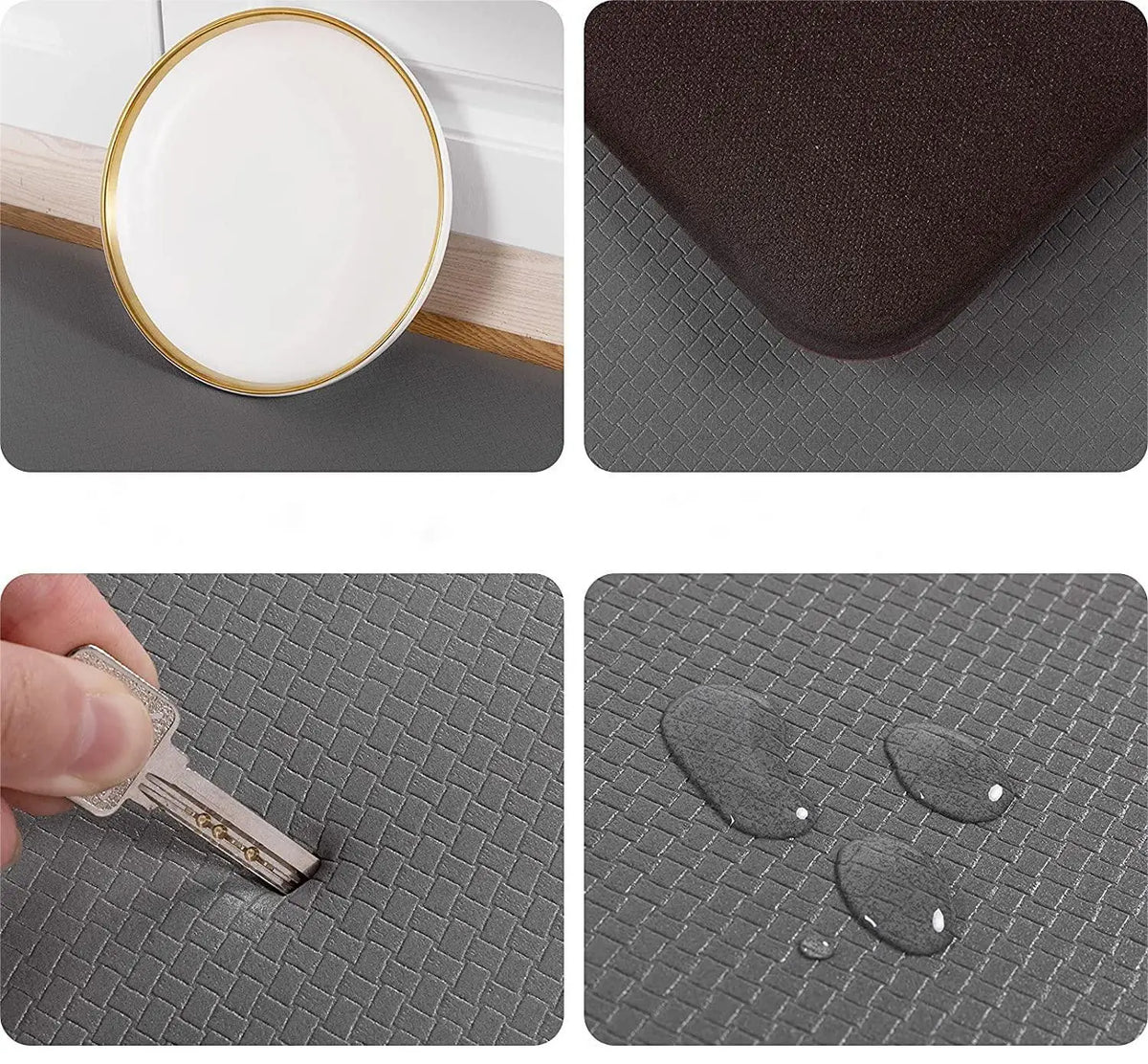 A set of anti-fatigue standing mats featuring a white plate and dark gray textured surfaces.
