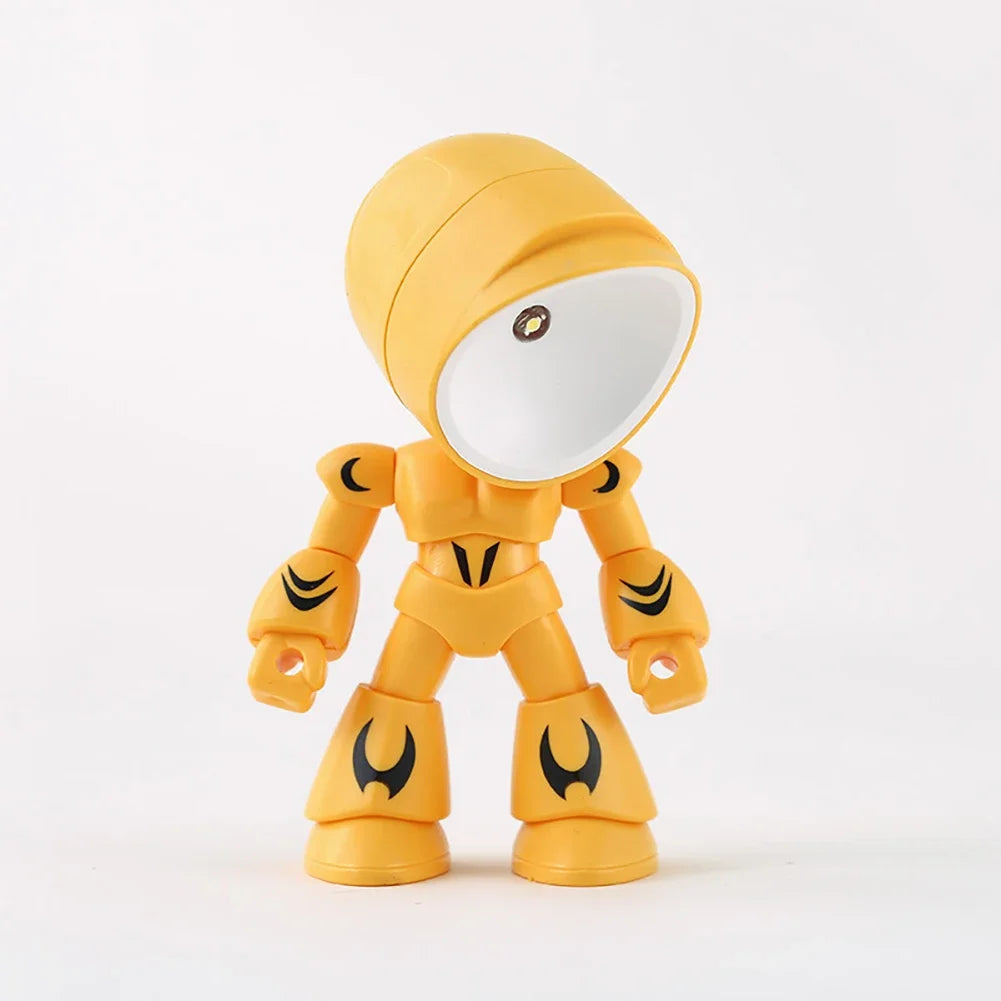 A yellow bendable robot night light with a round lens and soft glow.