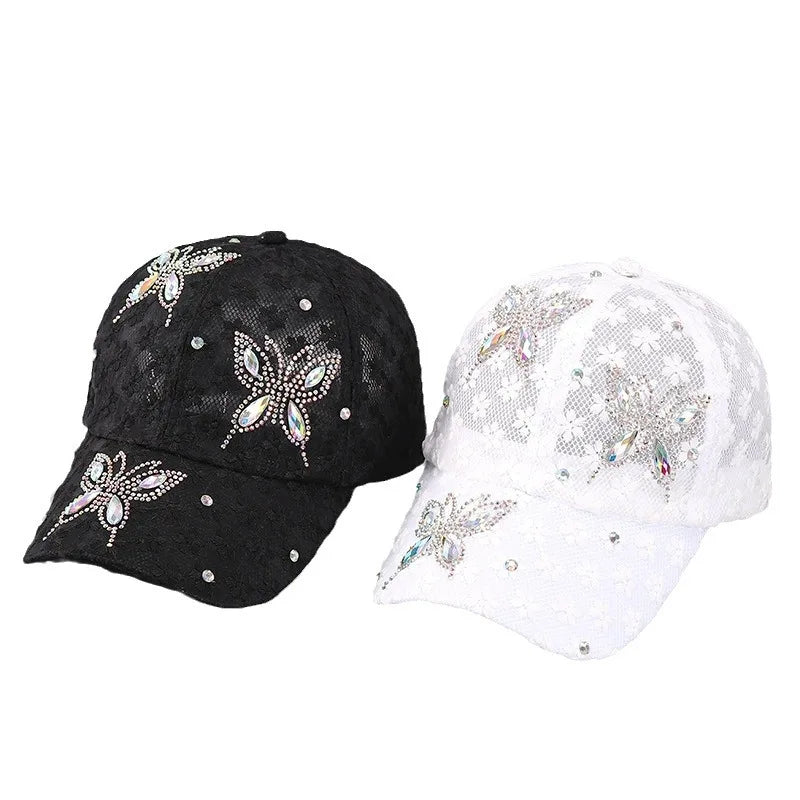Lace Butterfly Snapback Cap with Rhinestone Accents